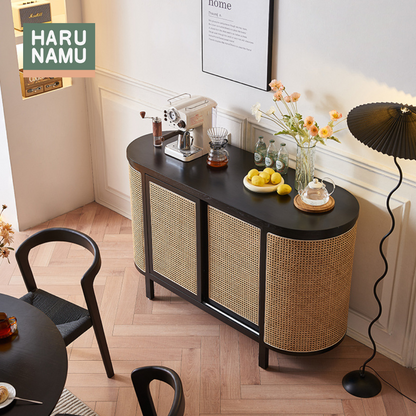 RENJI Ebony Black Rattan Solid Wood Sideboard