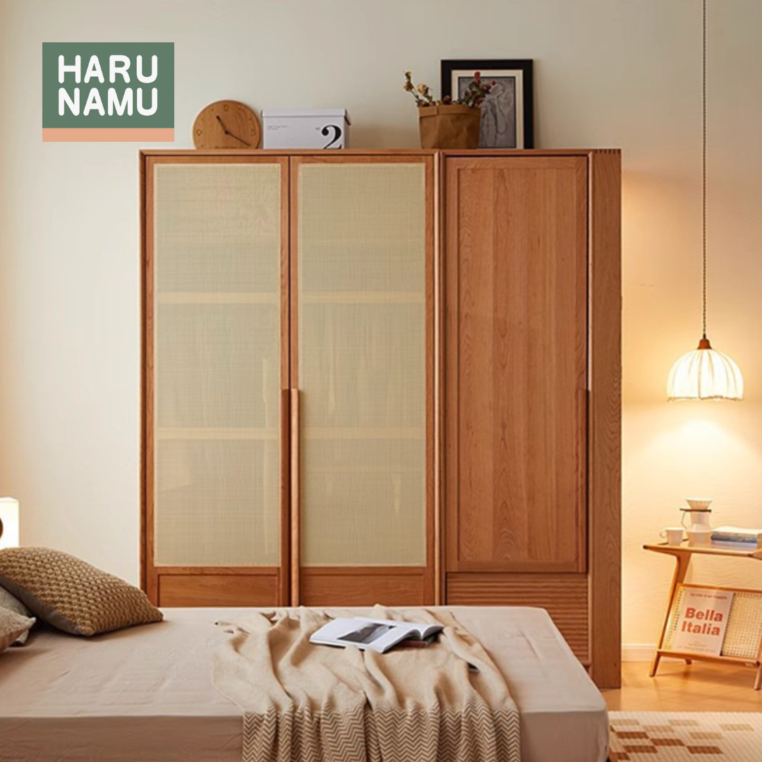 KATASHI Solid Wood Rattan Door Wardrobe