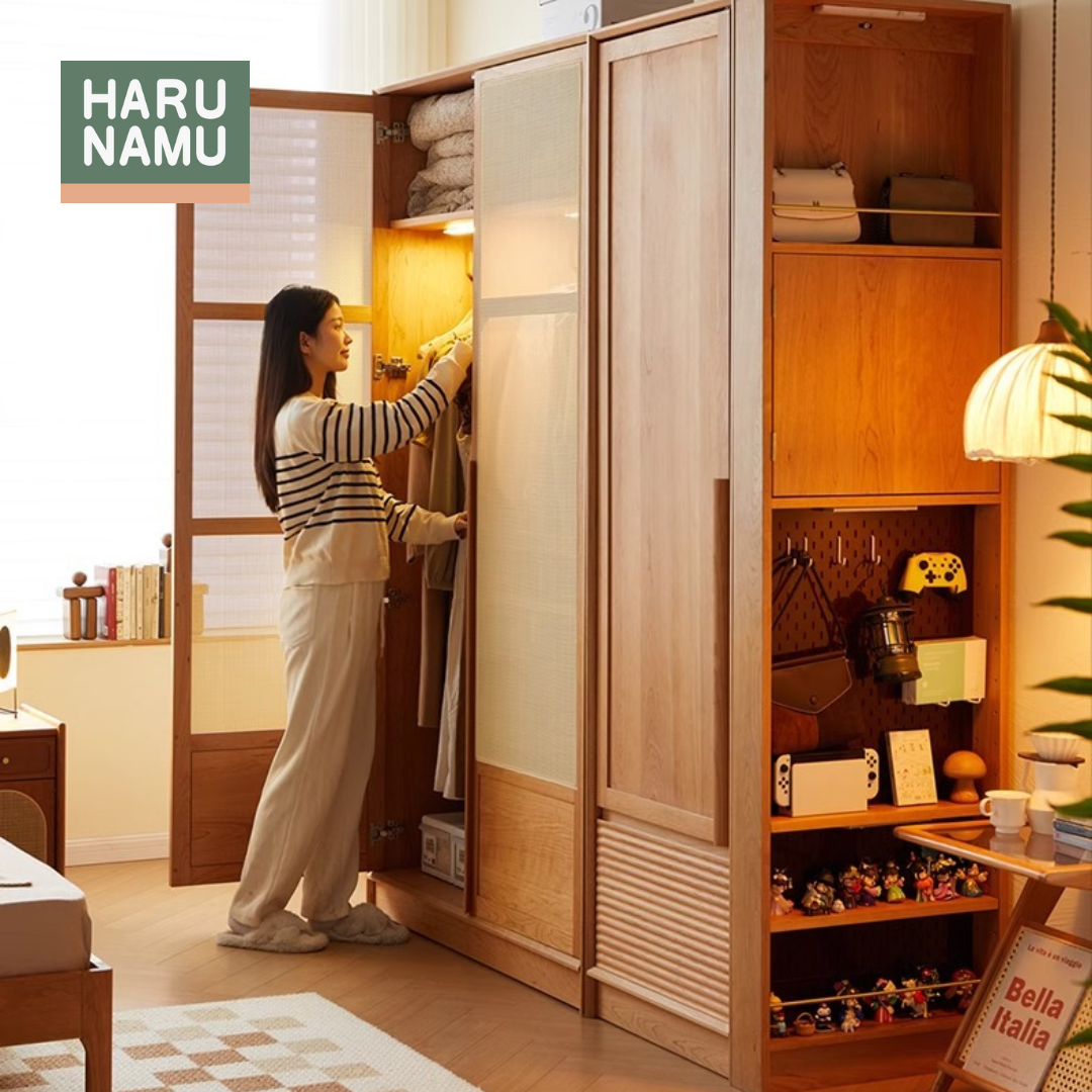 KATASHI Solid Wood Rattan Door Wardrobe