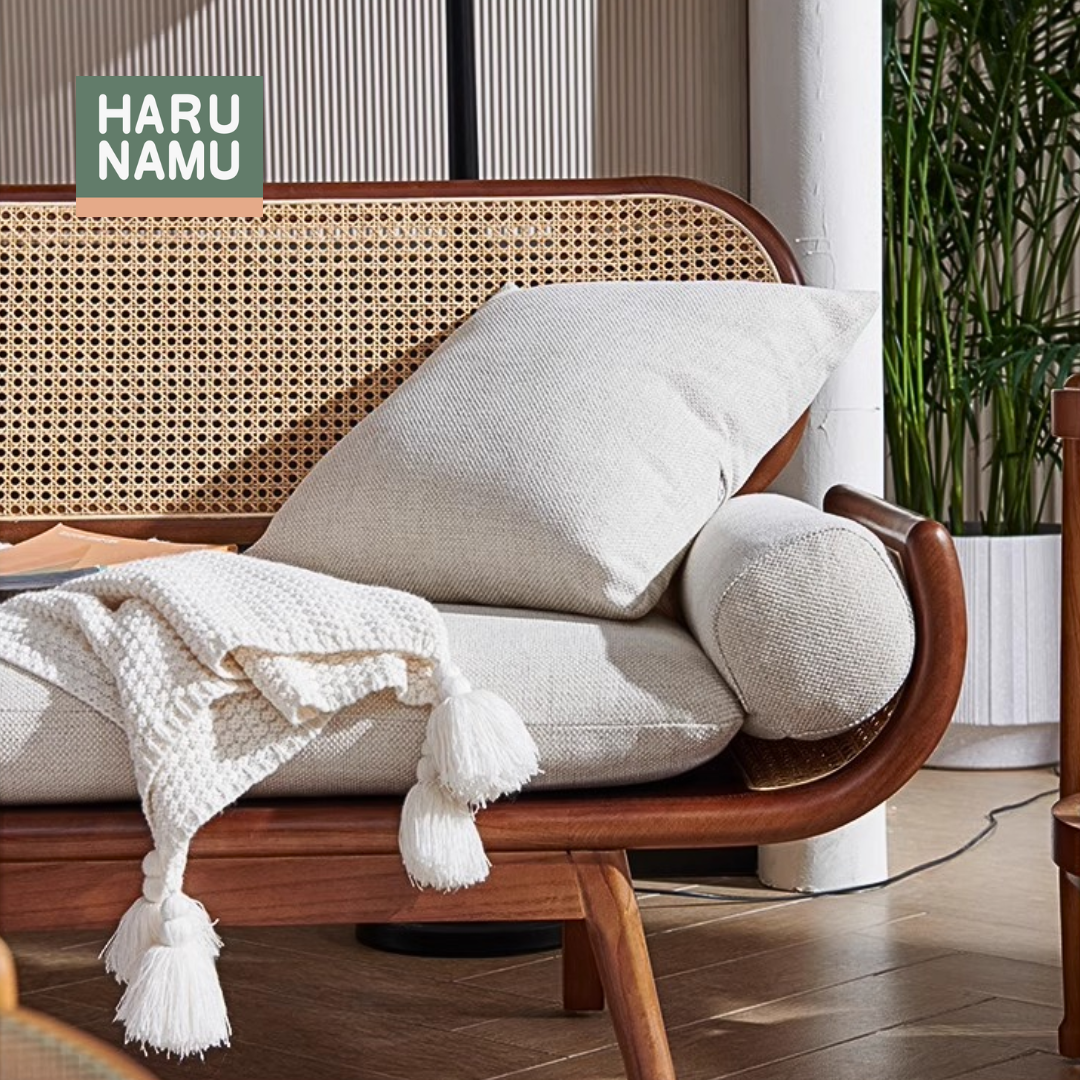 MANZOKU Solid Wood Rattan Sofa