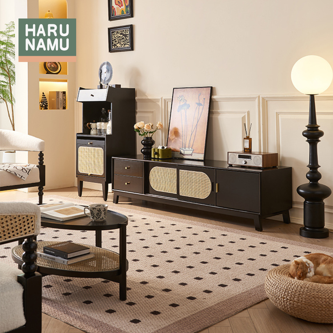 MIREI Ebony Black Solid Wood Rattan TV Console