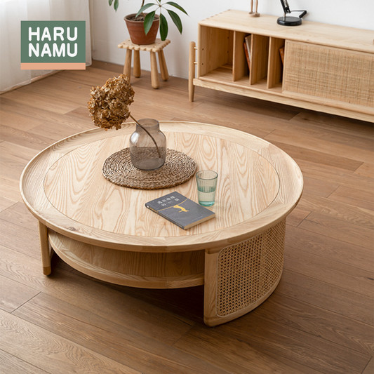 EMIYO Round Solid Wood Rattan Coffee Table
