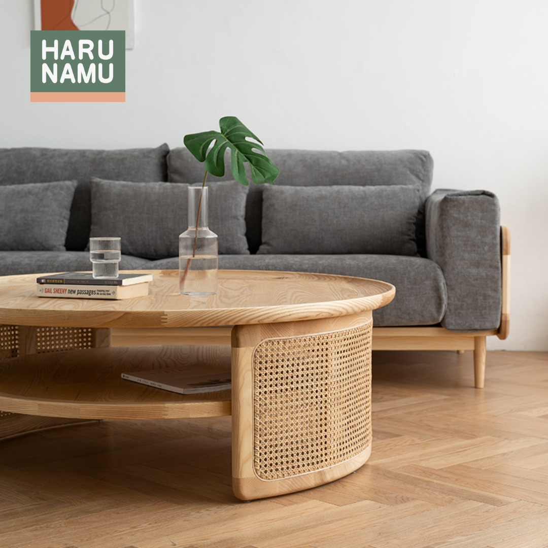 EMIYO Round Solid Wood Rattan Coffee Table

