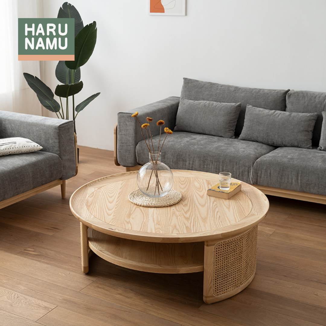 EMIYO Round Solid Wood Rattan Coffee Table

