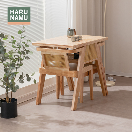 KOHARU Space-saving Solid Wood Rattan Dining Table and Chair Set