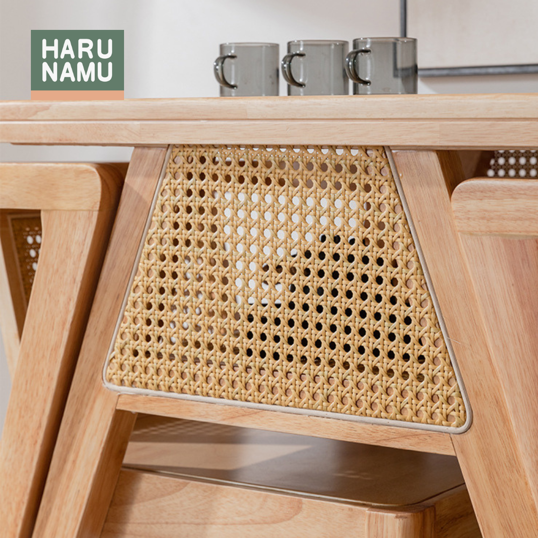 KOHARU Space-saving Solid Wood Rattan Dining Table and Chair Set