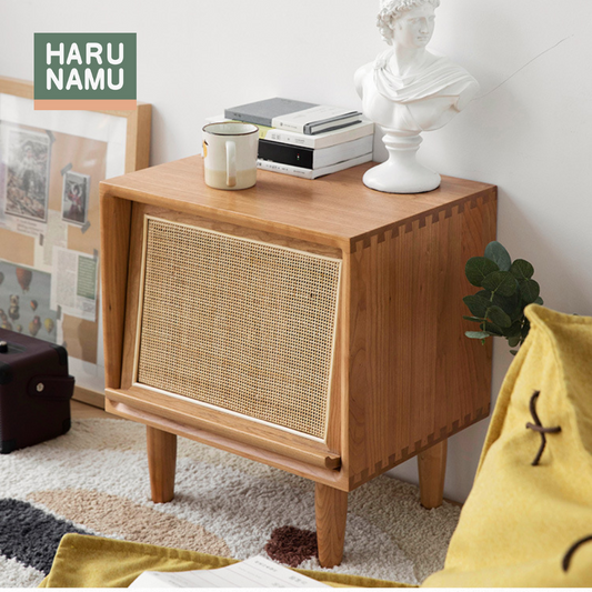 KUTSUROGU Solid Wood Rattan Bedside Cabinet