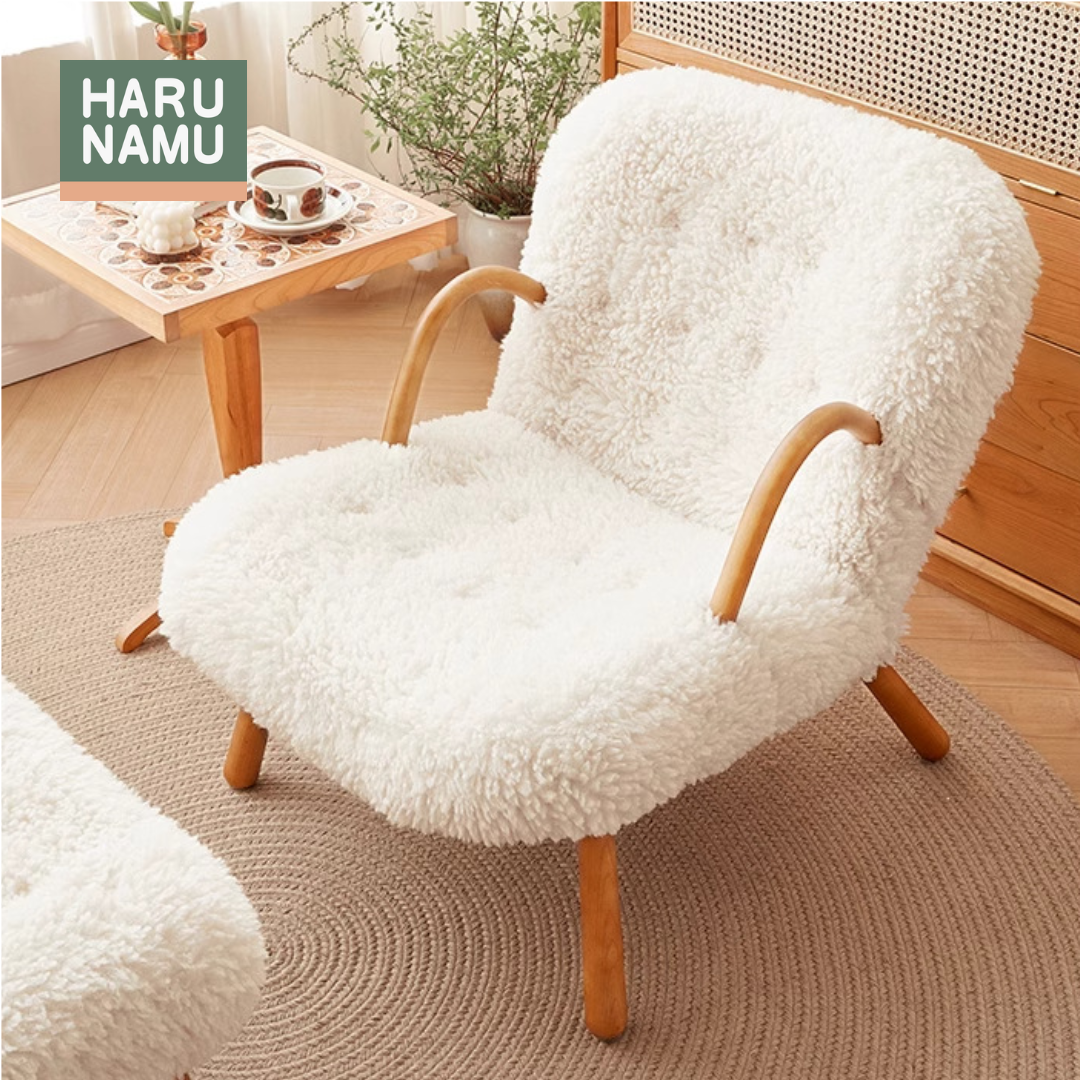 REIA Solid Wood Bouclé Accent Chair with Ottoman