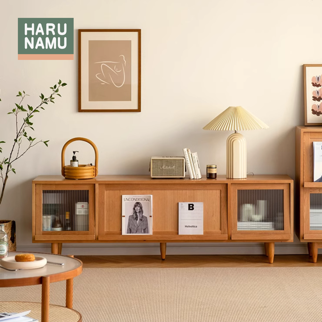 MEIYO Solid Wood TV Console with Fluted Glass Flip Doors