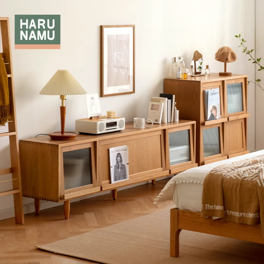 MEIYO Solid Wood TV Console with Fluted Glass Flip Doors