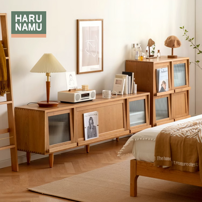MEIYO Solid Wood TV Console with Fluted Glass Flip Doors