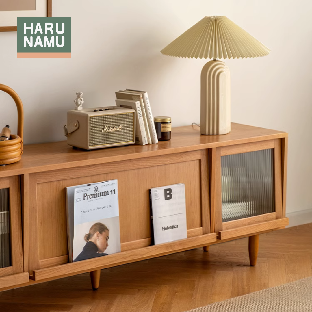 MEIYO Solid Wood TV Console with Fluted Glass Flip Doors
