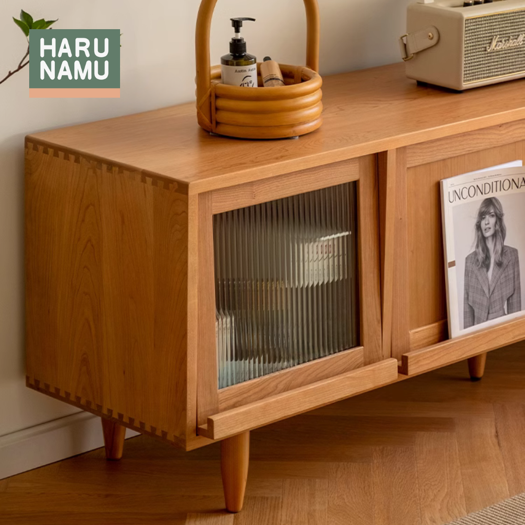 MEIYO Solid Wood TV Console with Fluted Glass Flip Doors