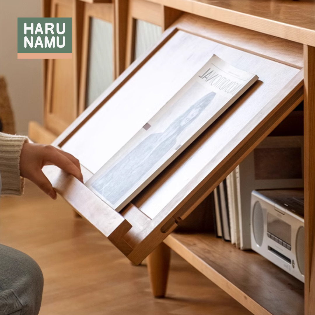 MEIYO Solid Wood TV Console with Fluted Glass Flip Doors