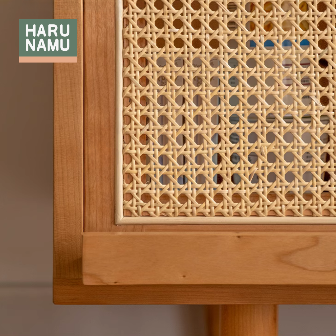 MEIYO Solid Wood TV Console with Rattan Flip Doors