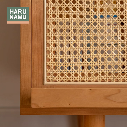 MEIYO Solid Wood TV Console with Rattan Flip Doors