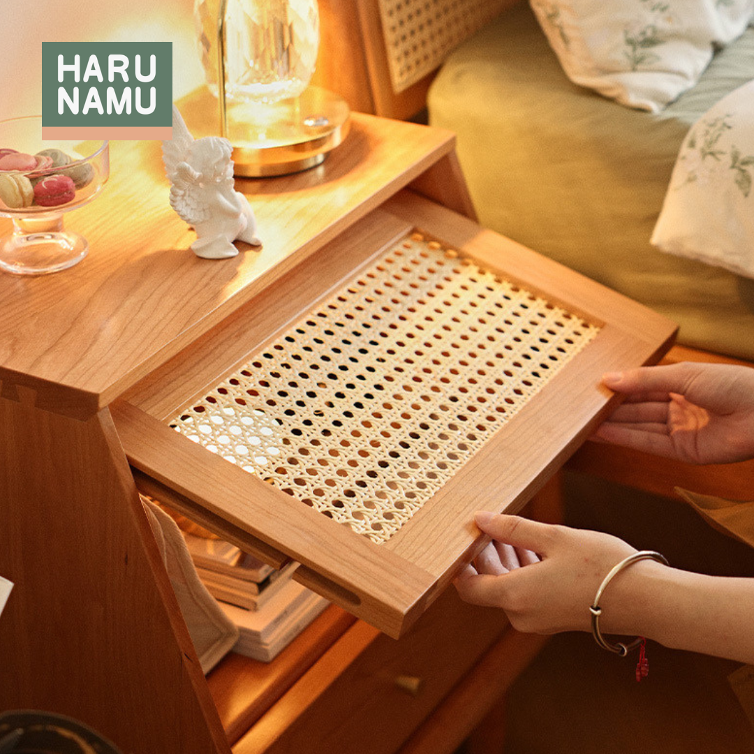 MIYAKO Solid Wood Bedside Cabinet with Rattan Flip Door