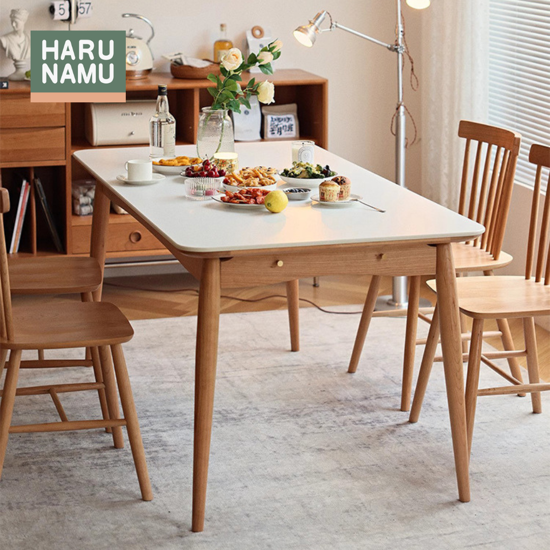 TADASHI Solid Wood Table with White Sintered Stone Tabletop