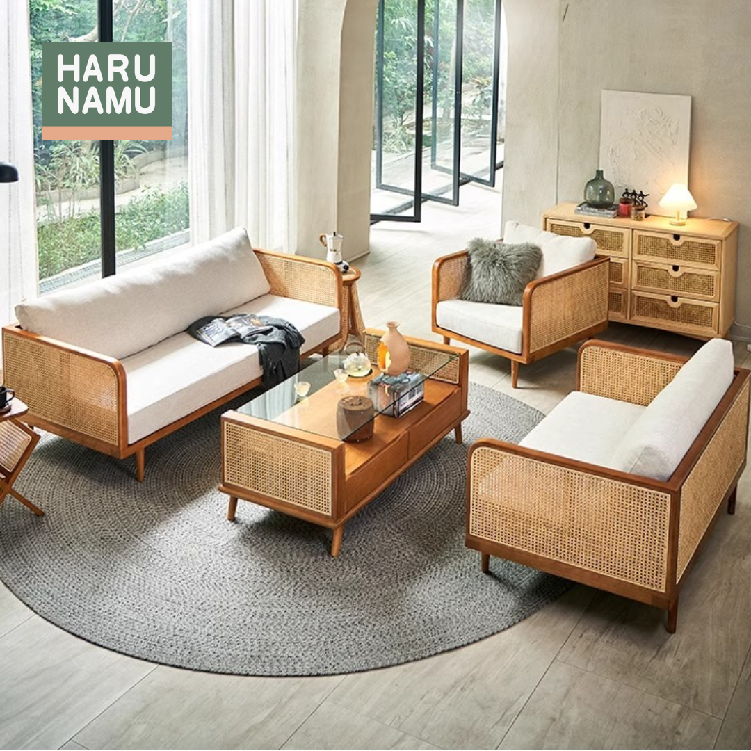 YUTAKA Solid Wood Rattan Sofa